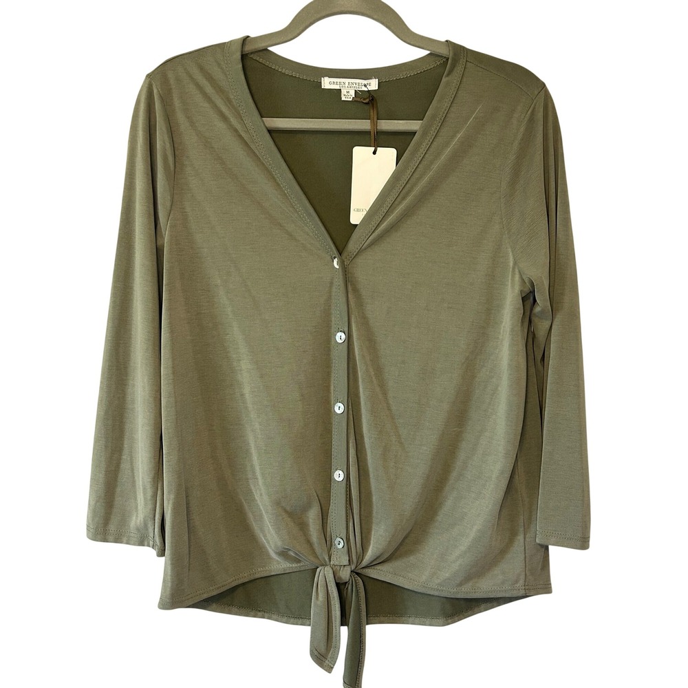 Green Envelope Olive Green Tie Front Button Up V-Neck Top Lightweight Medium NWT